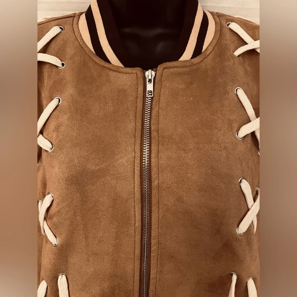 POL Camel FAUX SUEDE VARSITY Jacket SIZE SMALL Brand NEW - Picture 3 of 9